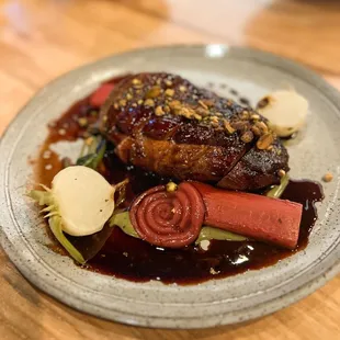 Grimaud Farms Duck Breast - rhubarb variations, turnip, pistachio, port rhubarb demi-glace