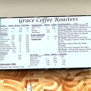 a menu on the wall