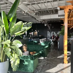 a woman sitting on a green couch