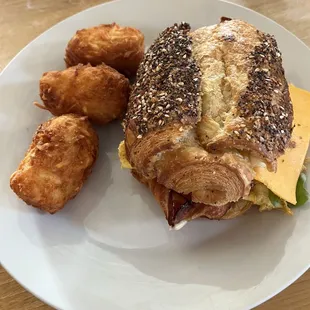 Everything Croissant Sandwich and Cheesy Hashbrown Bites