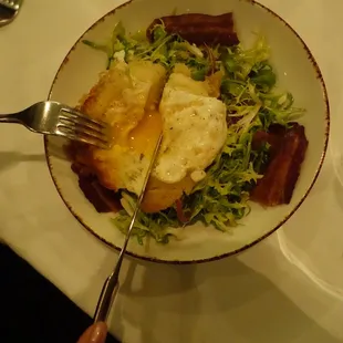 Toad in a Hole" - frisee, shaved asparagus, organic egg, bacon and truffle vinaigrette