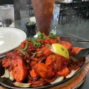 a plate of food and a drink