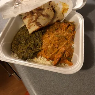 Our leftovers since I left my phone at home - garlic Nan, Saag Paneer, and Chicken Tikka Masala #Indian #yummy #cantwaitforlunchtomorrow