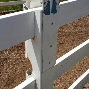 Sharp edges on turnouts, paddocks and round pen, horses severely injured.
