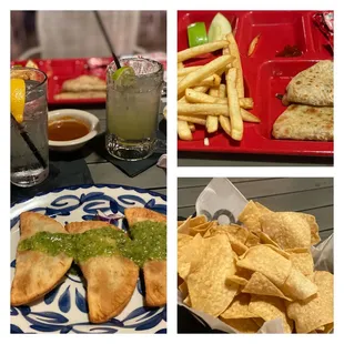 Cheese quesadilla kids meal, chips and salads, chicken empanadas, lime margarita