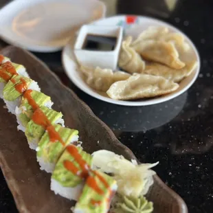 Chicken Gyoza and dragon sushi