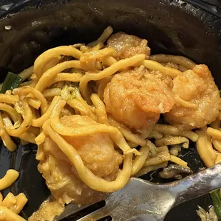 Over cooked shrimp and noodles