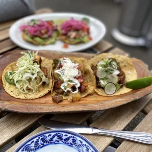 Fish, vegetarian, and beef taco