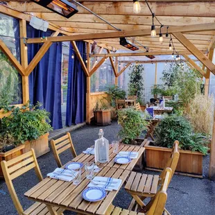 Outdoor Patio Seating with overhead heaters.