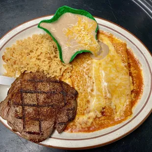 Our steak and enchiladas dinner plate