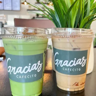matcha latte and banana oat milk latte