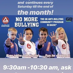 Free kids program. The training will include confidence building and jiu jitsu drills that will help the kids stay safe.