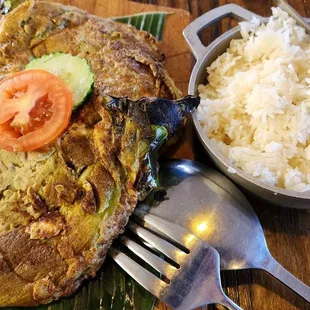 Tortang Talong (eggplant omelette) w/steamed rice ($12, 3/17/24)