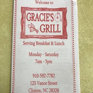 Gracies Grill Menu 2K19