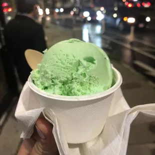 Pandan ice cream in a kiddie cup