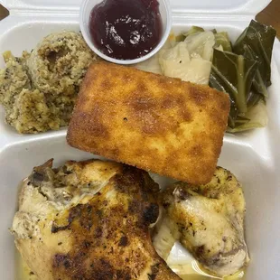 Baked Chicken with dressing and cabbage. Cornbread and cranberry sauce.