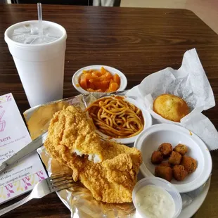 Fried Catfish, amazing spaghetti, yams, okra and cornbread