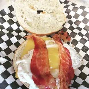 The sunny side! Bagel , sunny side egg, bacon and cheese!