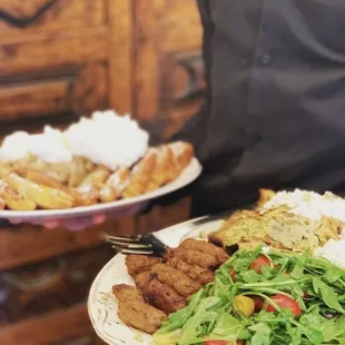 Brunch wedding- French toast, delicious whipped cream topping, beef short rib, lemon vinaigrette arugula salad and frittatas.