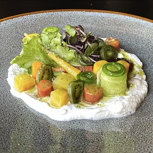 Cider whipped ricotta, pickled veg, lettuces, basil vinaigrette