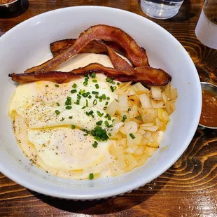 Grits Base Runny Eggs Bacon Onions