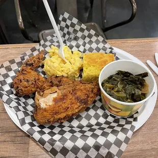 White meat chicken, collards, cornbread and Mac n.  Cheese.
