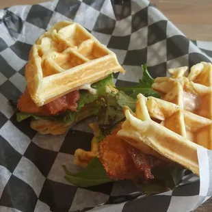 Chicken &amp; Waffles with Bacon and Maple spread