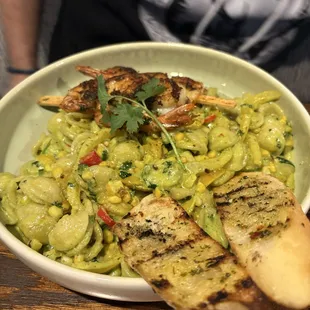 Creamy Serrano Pasta with shrimp skewer