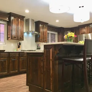 Espresso color raised panel cabinets