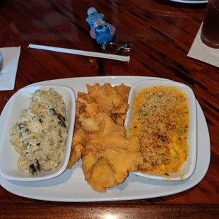 Thin fried catfish with risotto du jour (mushroom) and crawfish pudding.