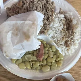 Bbq plate with rice and gravy and butter beans!