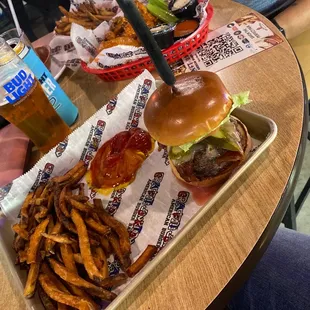  burger and fries on a table