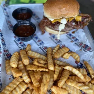 One of many burgers with fries- the burger is much bigger than it looks
