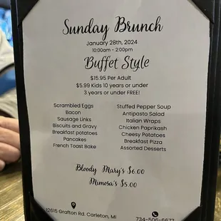 Sunday menu