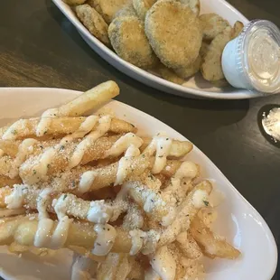 Parmesan fries with aioli and fried pickles!