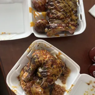 Rib dinner w/ red potatoes  Chicken quarter dinner w/ baked beans