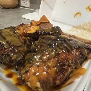 Chicken, baked beans and yams