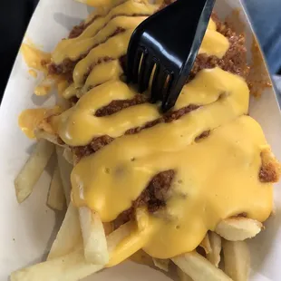 Delicious fries with Spanish sauce and cheese.