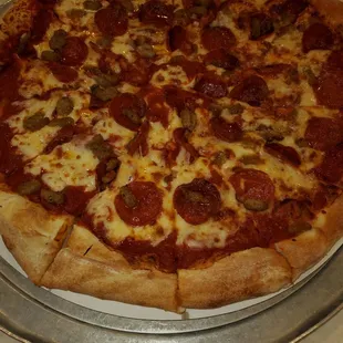 Large pepperoni and sausage pizza