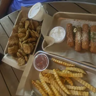Fries, fried pickles and mozzarella sticks