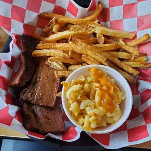 Brisket, Smoked Mac and Cheese, and Fries.