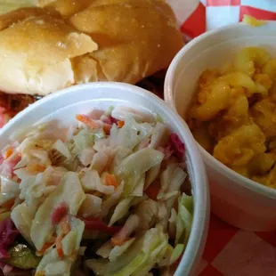 Coleslaw, smoked mac-n-cheese, pulled pork sandwich