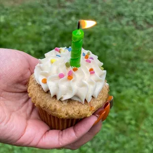 Vegan funfetti cupcake with vanilla frosting.