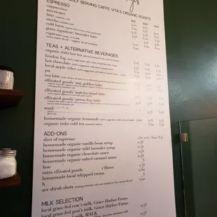 Beverage menu