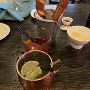 Pretzel sticks, mules &amp; (maybe and old fashioned, I can't recall).