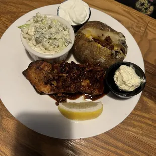 The maple walnut glazed salmon with blue cheese slaw &amp; loaded baked potato! Yummmm