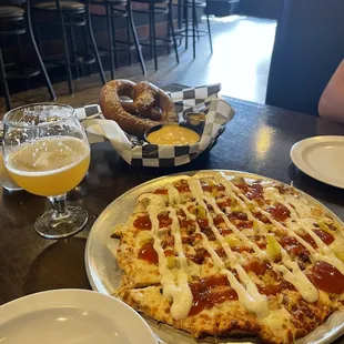 Buffalo chicken pizza &amp; soft pretzel