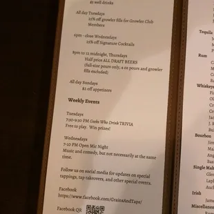 Happy hour and daily specials