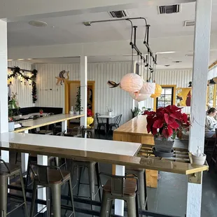 a view of a restaurant with tables and stools