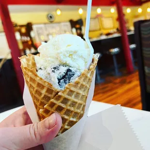 Waffle cone with White Chocolate &amp; Cookies N Cream.